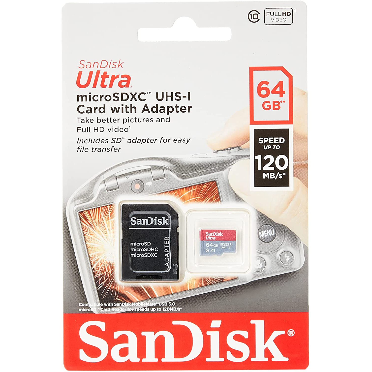 Original Sandisk 64Gb Ultra A1 Memory Card Uhsi Microsdxc Plus Adapter (SDSQUA4-064G-GN6IA)