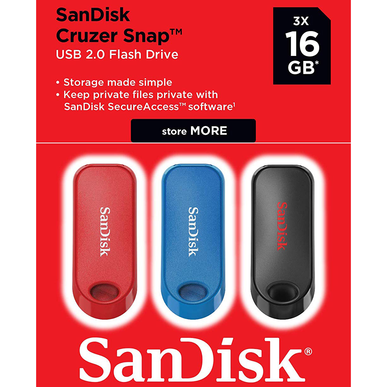 Original SanDisk Cruzer Snap 16GB USB 2.0 Flash Drive 3-Pack (SDCZ62-016G-G46T)