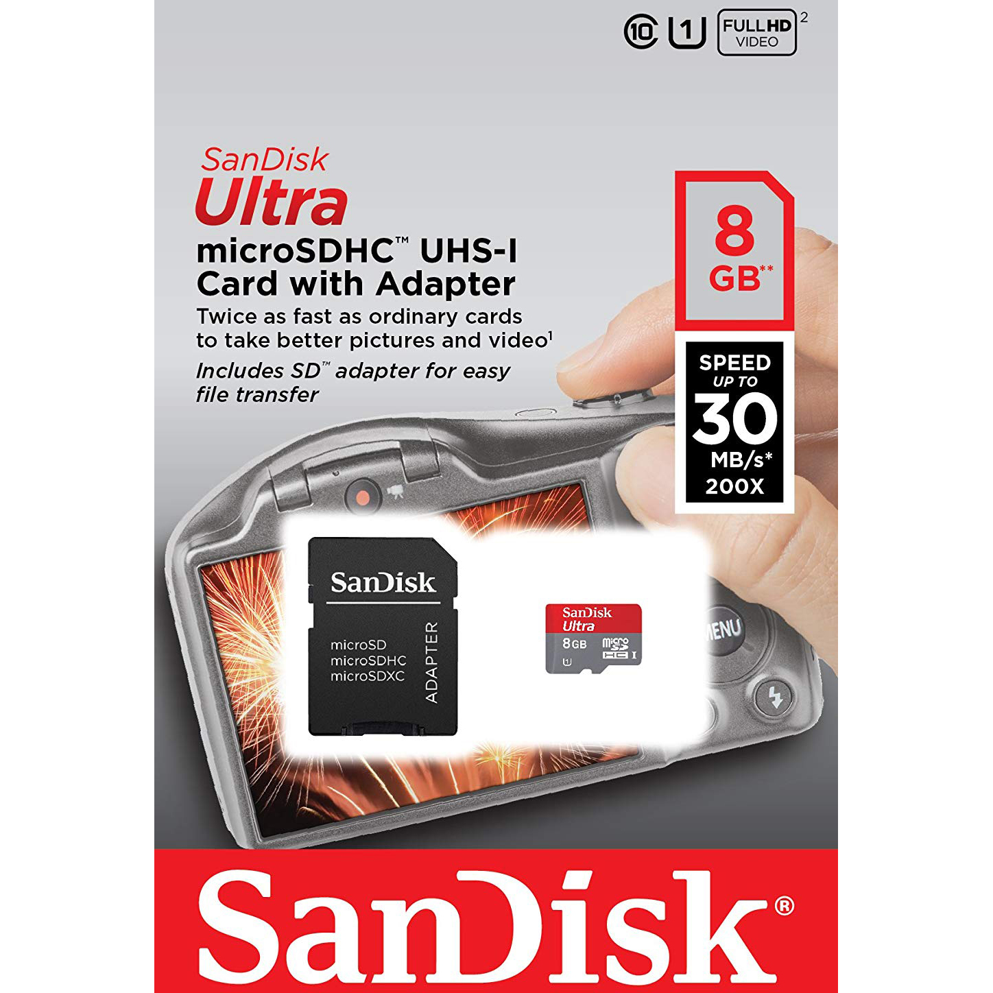 Original SanDisk Ultra Class 10 8GB microSDHC Memory Card + SD Adapter (SDSDQUI-008G-U46)
