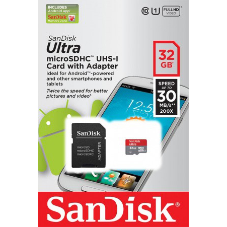 Original SanDisk Ultra Class 10 32GB MicroSDHC UHS Memory Card + SD Adapter (SDSDQUA032GU46A)