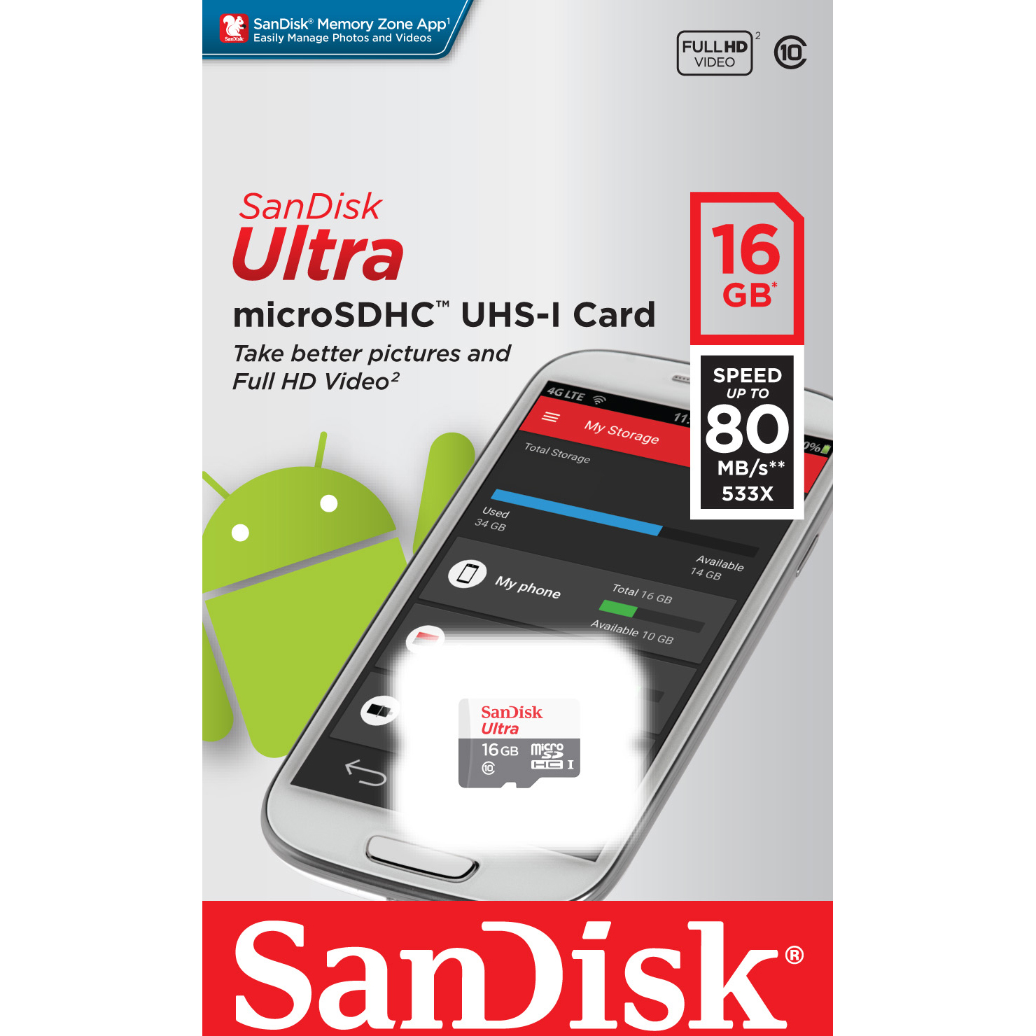 Original SanDisk Ultra Android Class 10 16GB MicroSDHC Memory Card (SDSQUNS-016G-GN3MN)