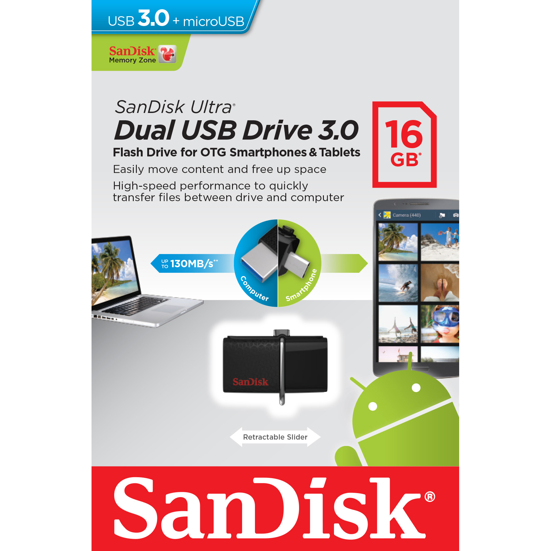 Original SanDisk Ultra Dual 16GB USB 3.0 Flash Drive (SDDD2-016G-G46)