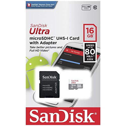 Original SanDisk Ultra Class 10 16GB MicroSDHC Memory Card + SD Adapter  (SDSQUNC-016G-GN6)