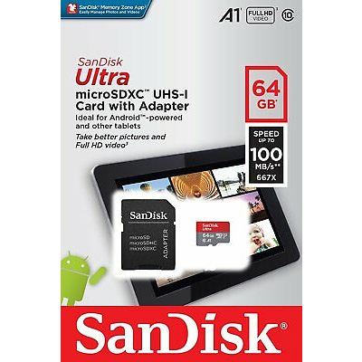 Original SanDisk Ultra Class 10 64GB microSDXC Memory Card + SD Adapter (SDSQUAR064GGN6MA)