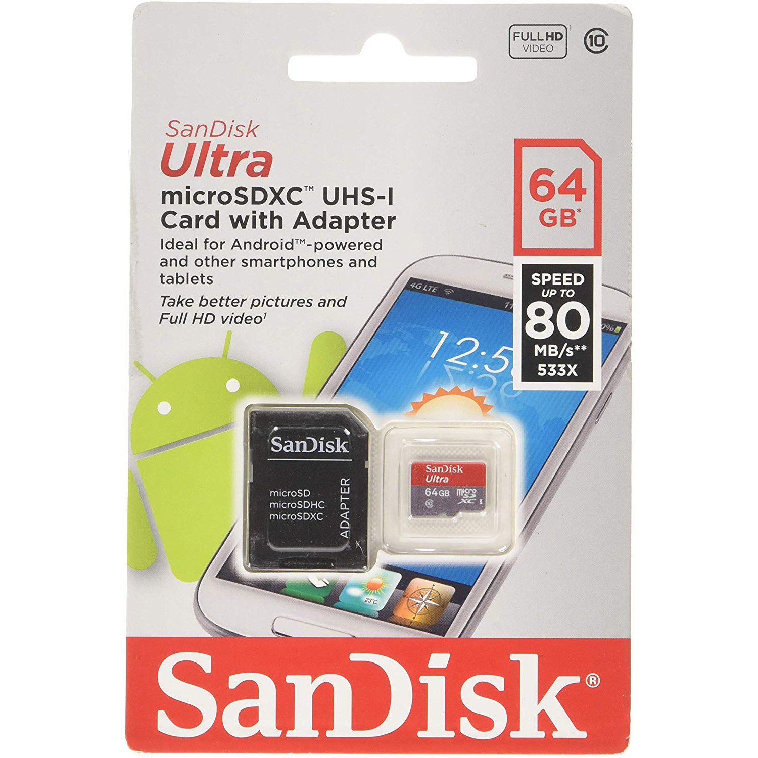 Original SanDisk Ultra Class 10 64GB MicroSDXC Memory Card + SD Adapter (SDSQUNC064GGN6MA)