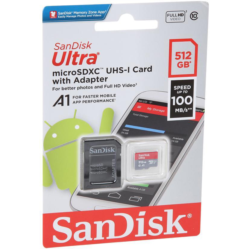 Original SanDisk Ultra Class 10 512GB MicroSDXC Memory Card + SD Adapter (SDSQUAR512GGN6MA)