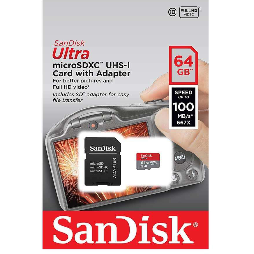 Original SanDisk Ultra Class 10 64GB MicroSDXC Memory Card + SD Adapter  (SDSQUAR-064G-GN6IA)