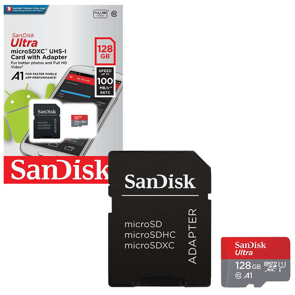 SanDisk 128GB Ultra microSDXC A1 UHS-I/U1 Class 10 Memory Card with  Adapter, Speed Up to 100MB/s (SDSQUAR-128G-GN6MA) 