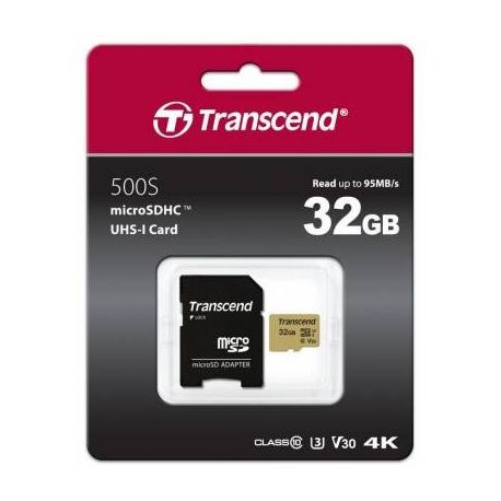 Original Transcend 32GB MicroSD Memory Card with Adaptor (TS32GUSD500S)