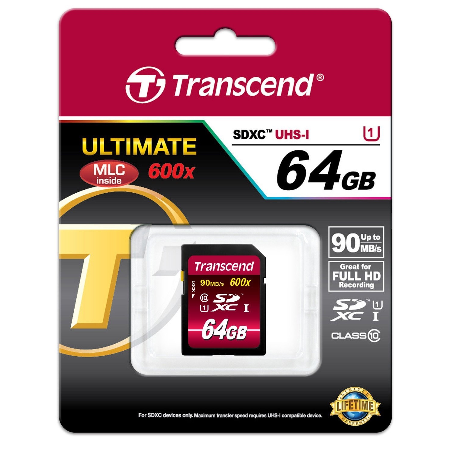Original Transcend 64GB SDXC Ultimate Class 10 UHS-1 Memory Card (TS64GSDXC10U1)