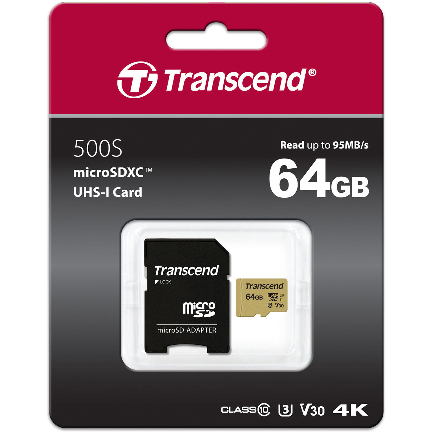 Original Transcend 500s Class 10 64GB microSDXC Memory Card + Adapter (TS64GUSD500S)