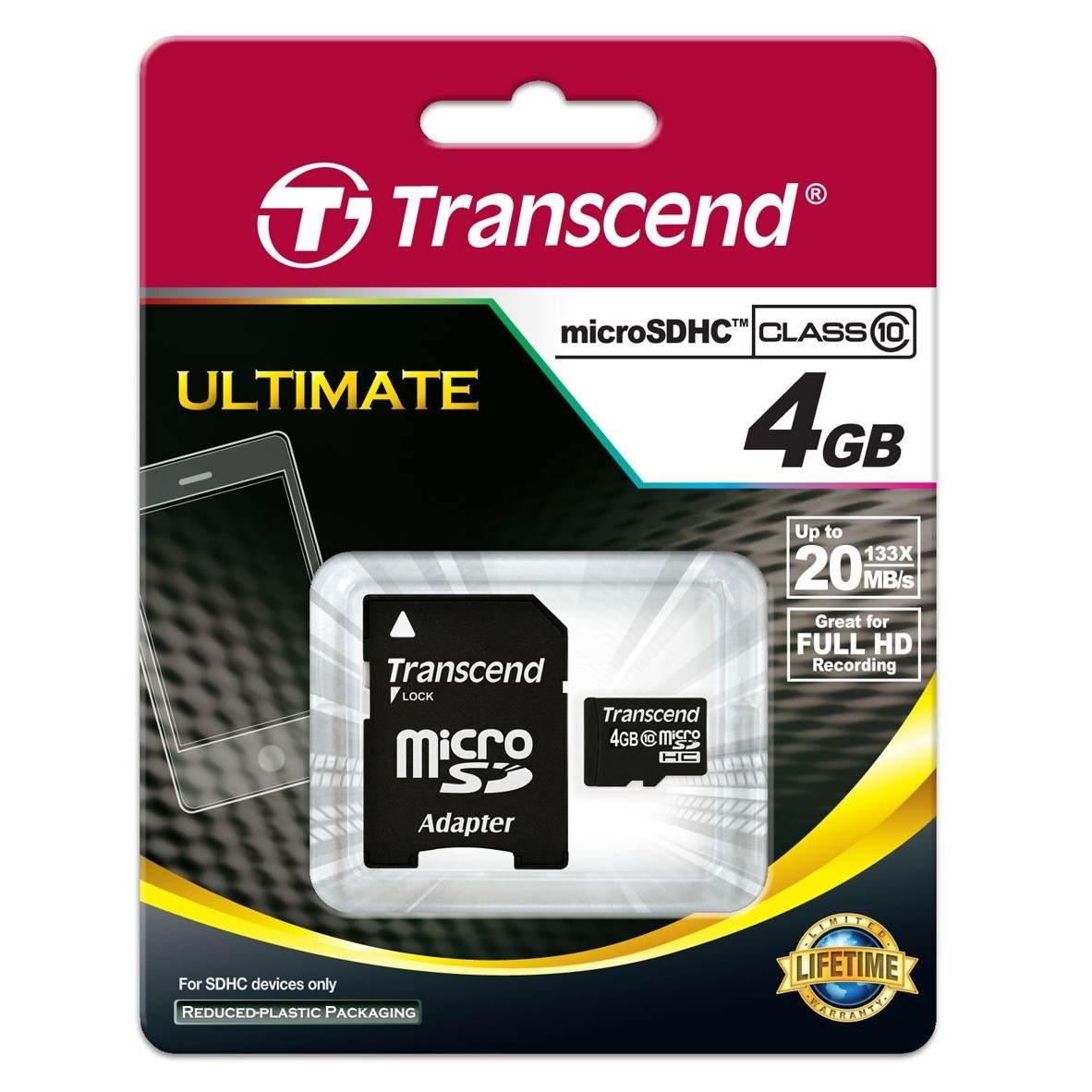 Original Transcend TS4GUSDHC10 Class 10 4GB MicroSDHC Memory Card & Adapter (TS4GUSDHC10)