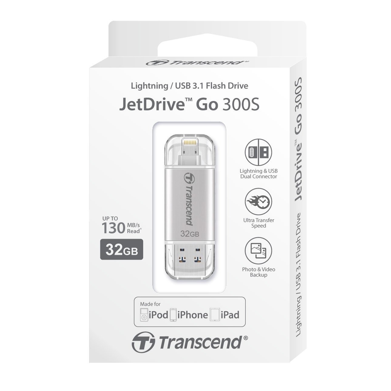 Original Transcend Jet Drive Go 300 32GB Silver Dual Lightning USB 3.1 Flash Drive (TS32GJDG300S)