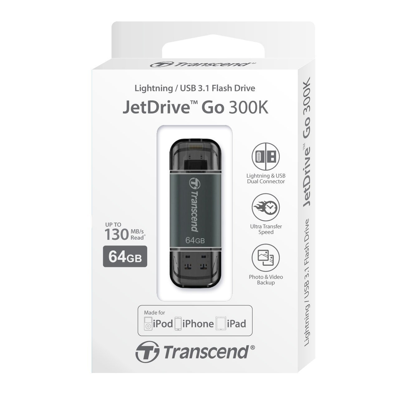 Original Transcend Jet Drive Go 300 64GB Black Dual Lightning USB 3.1 Flash Drive (TS64GJDG300K)