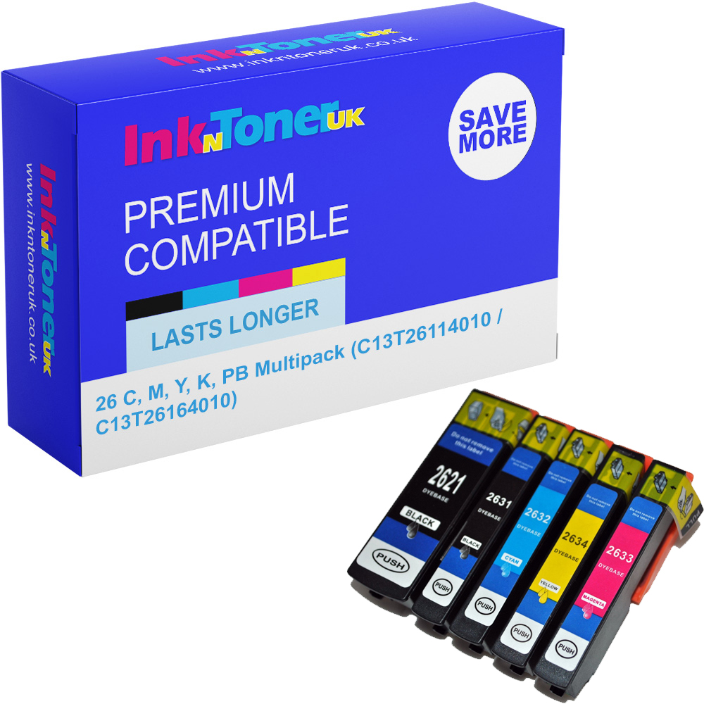 Premium Compatible Epson 26 C, M, Y, K, PB Multipack Ink Cartridges (C13T26114010 / C13T26164010) T2611 & T2616 Polar Bear