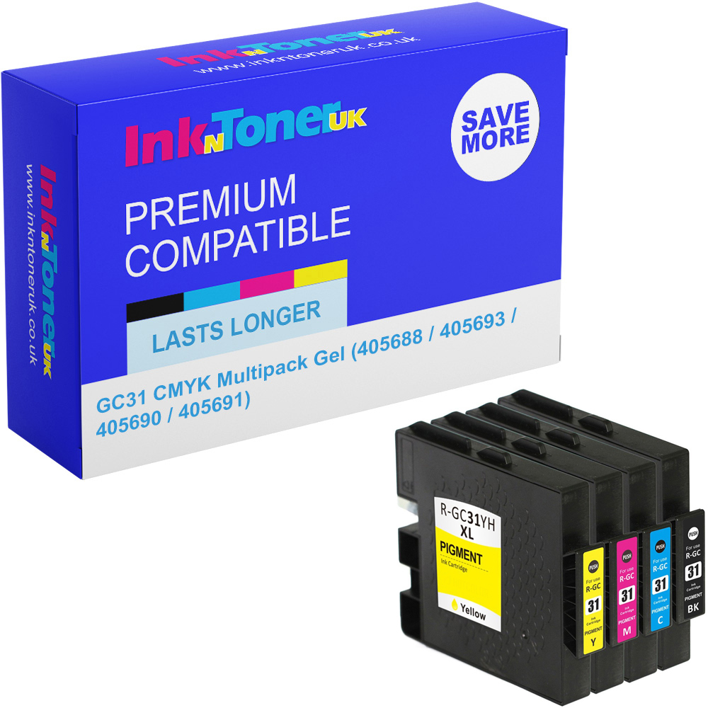 Premium Compatible Ricoh GC31 CMYK Multipack Gel Ink Cartridges (405688 / 405693 / 405690 / 405691)