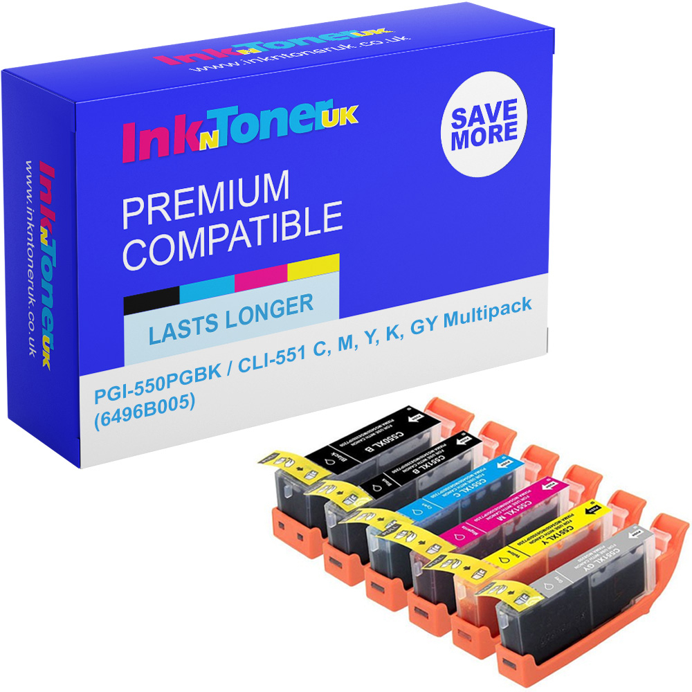 Premium Compatible Canon PGI-550PGBK / CLI-551 C, M, Y, K, GY Multipack Ink Cartridges (6496B005)