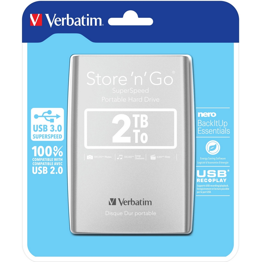 Original Verbatim Portable Hard Drive Verbatim 2Tb Silver Hard Drive (53189)