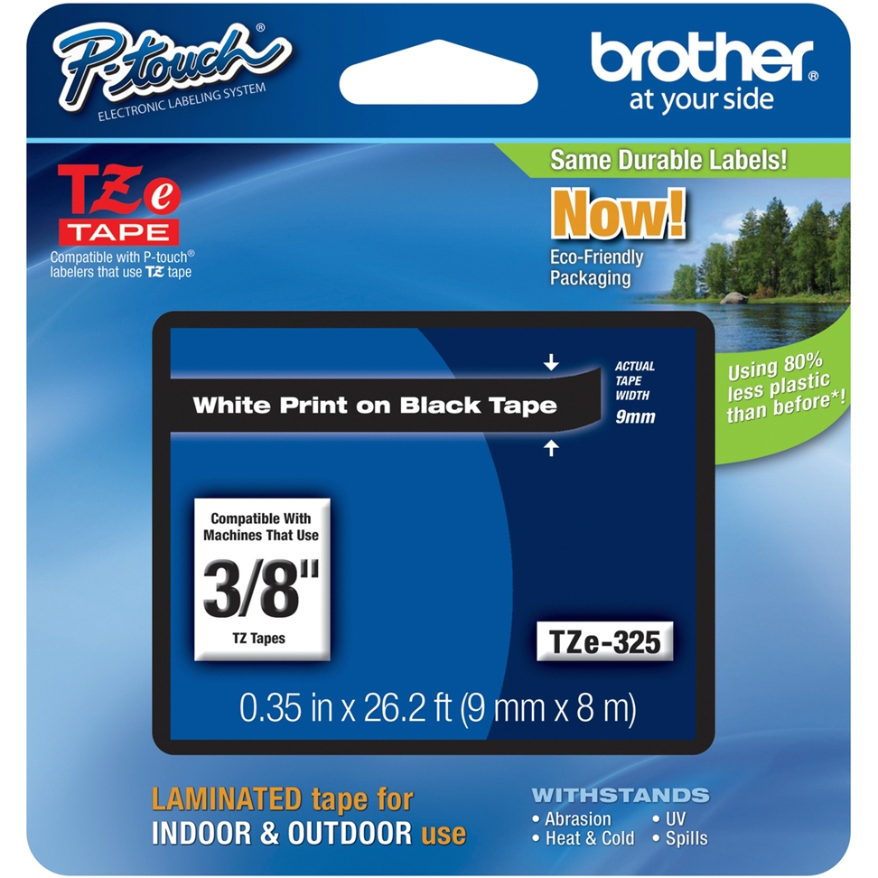 Original Brother TZe-325 White On Black 9mm x 8m Laminated P-Touch Label Tape (TZE325)