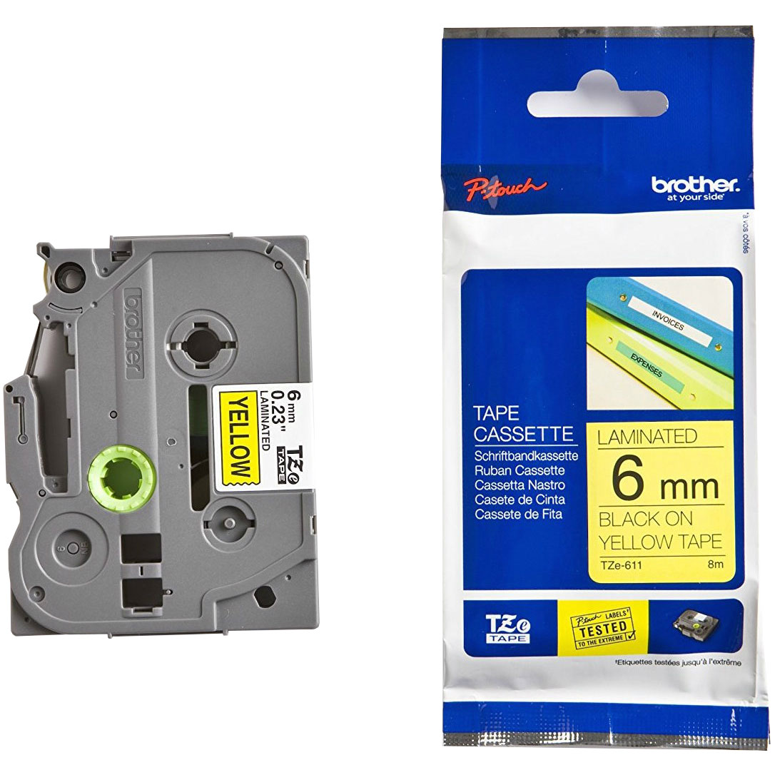 Original Brother TZe-611 Black On Yellow 6mm x 8m Laminated P-Touch Label Tape (TZE611)