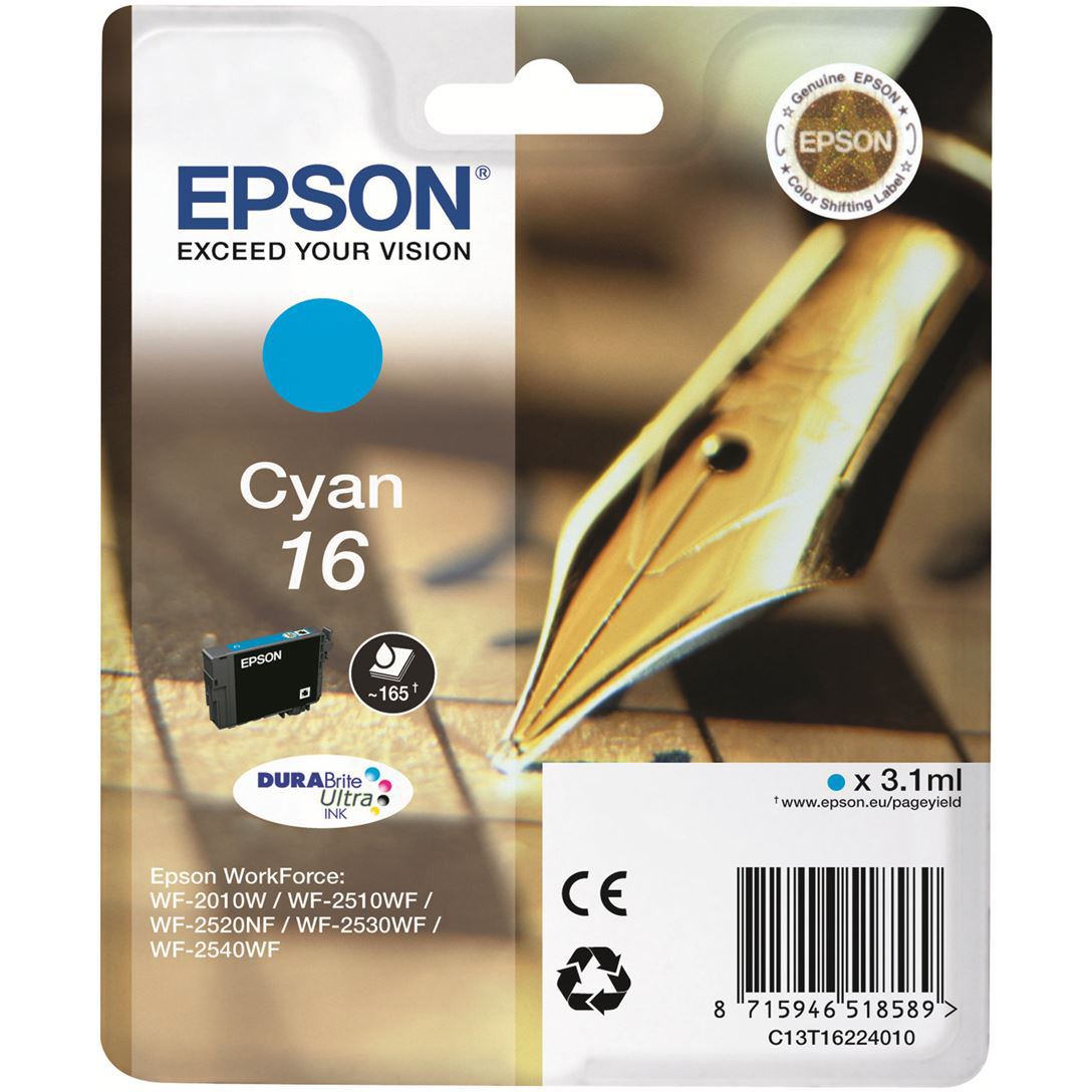 Original Epson 16 Cyan Ink Cartridge (C13T16224010) T1622 Pen and Crossword
