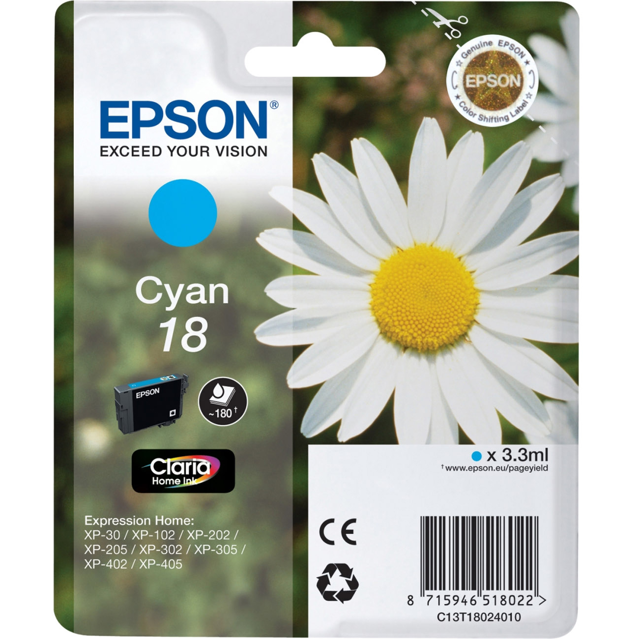 Original Epson 18 Cyan Ink Cartridge (C13T18024010) T1802 Daisy
