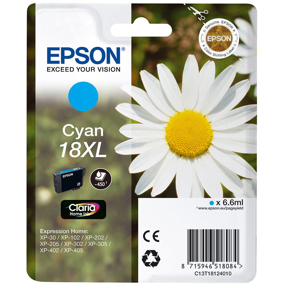 Original Epson 18XL Cyan High Capacity Ink Cartridge (C13T18124010) T1812 Daisy