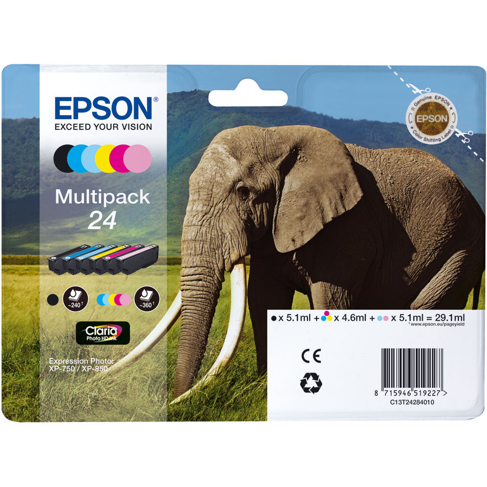 Original Epson 24 C, M, Y, K, LC, LM Multipack Ink Cartridges (C13T24284011) T2428 Elephant