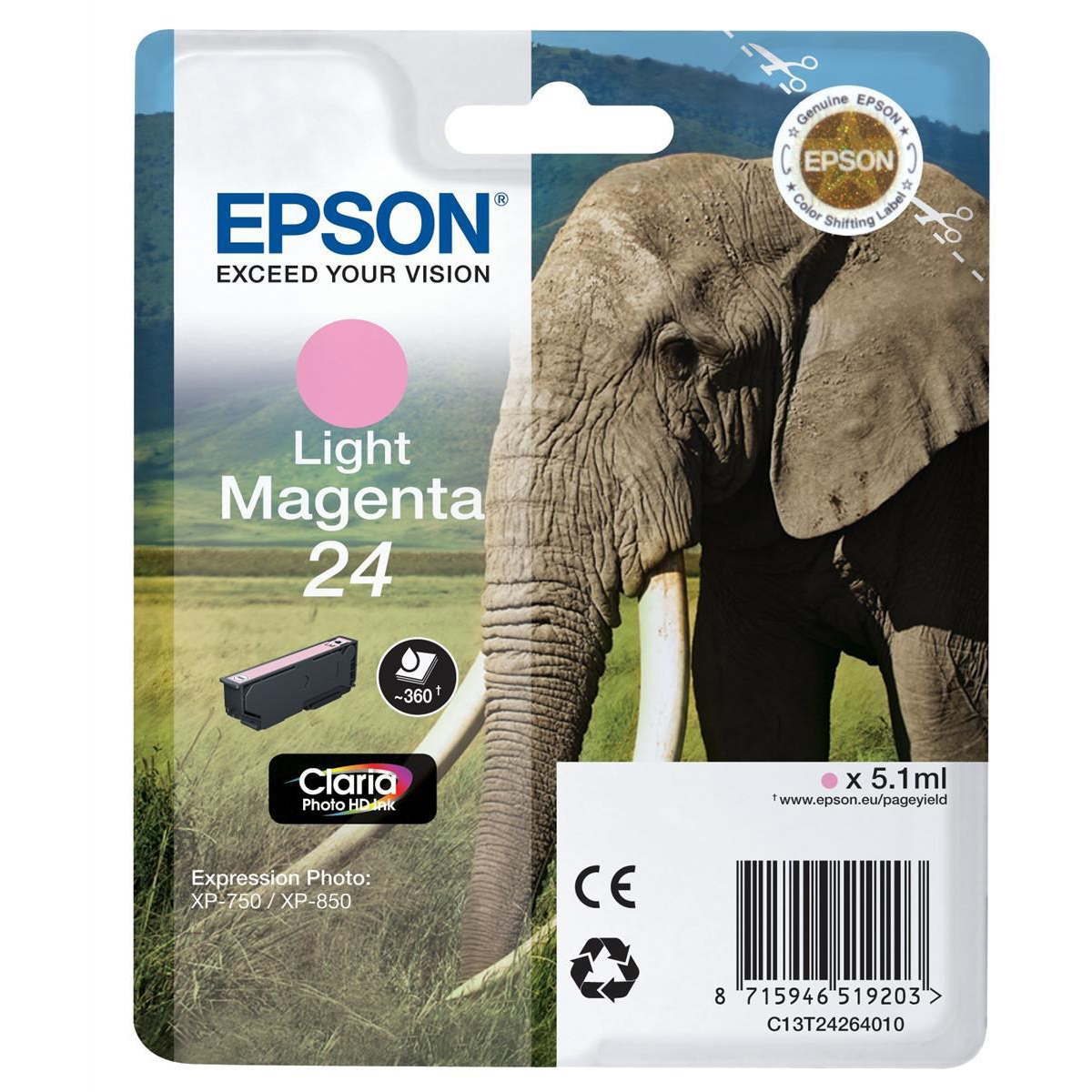 Original Epson 24 Light Magenta Ink Cartridge (C13T24264010) T2426 Elephant