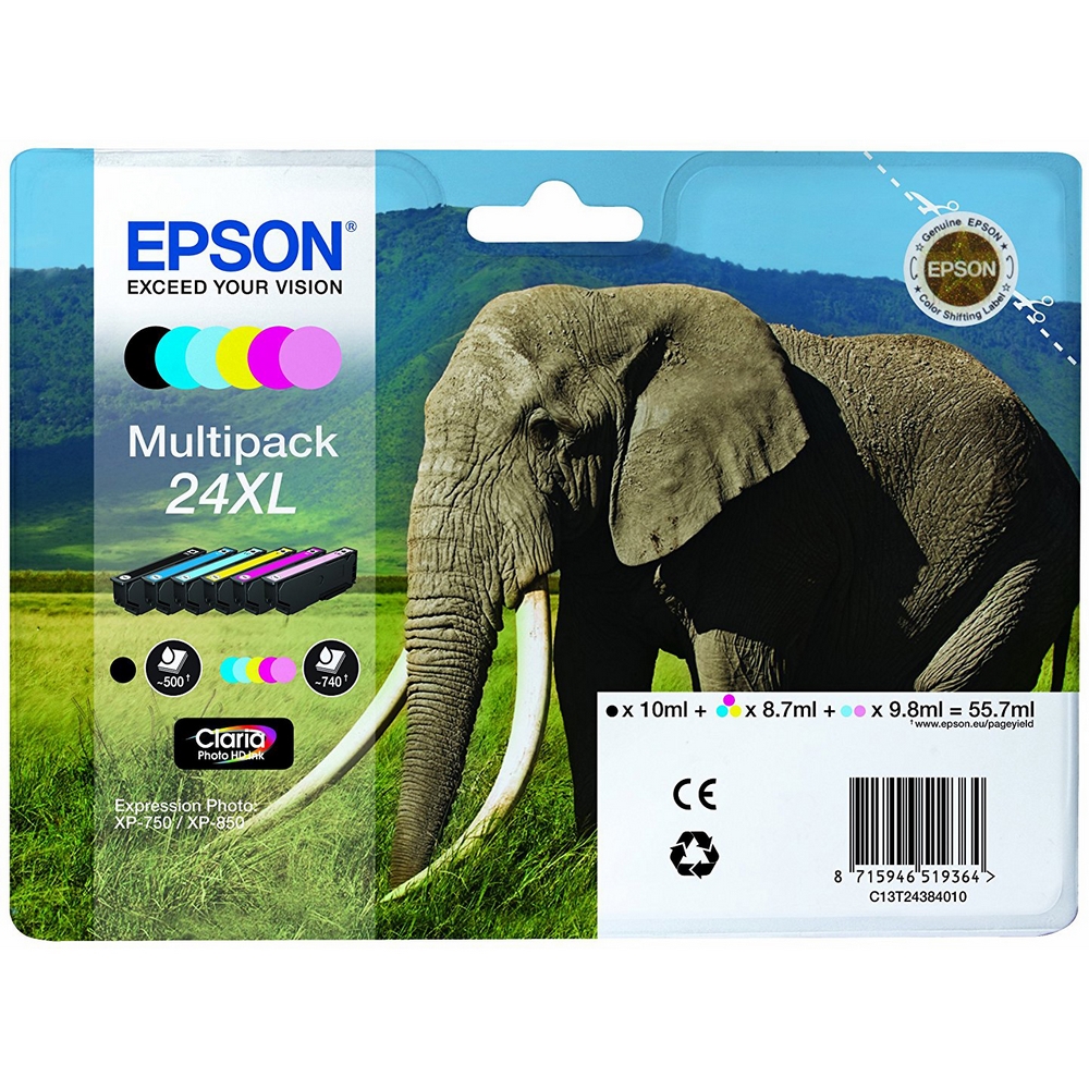 Original Epson 24XL C, M, Y, K, LC, LM Multipack High Capacity Ink Cartridges (C13T24384010) T2438 Elephant