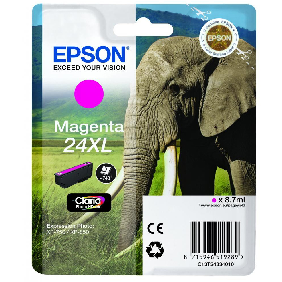 Original Epson 24XL Magenta High Capacity Ink Cartridge (C13T24334010) T2433 Elephant