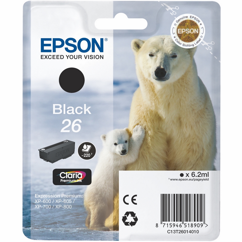 Original Epson 26 Black Ink Cartridge (C13T26014010) T2601 Polar Bear