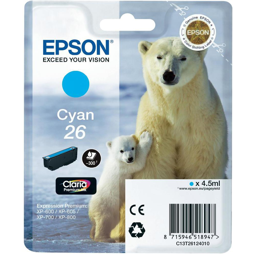 Original Epson 26 Cyan Ink Cartridge (C13T26124010) T2612 Polar Bear