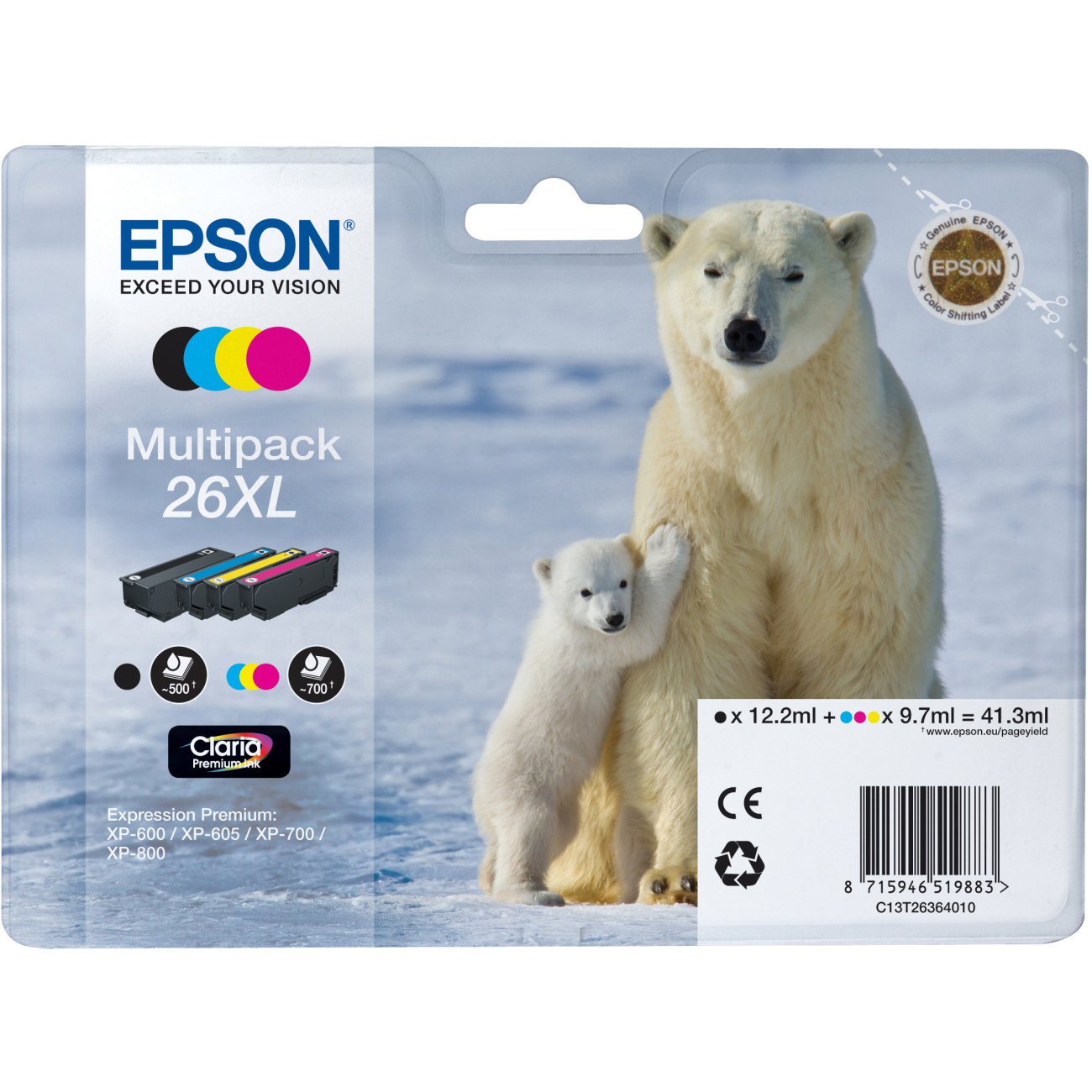 Original Epson 26XL CMYK Multipack High Capacity Ink Cartridges (C13T26364010) T2636 Polar Bear