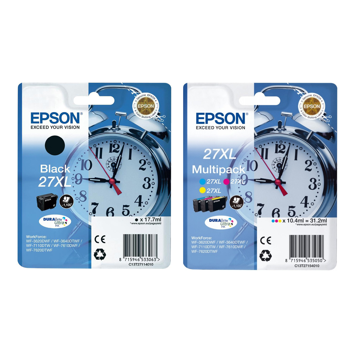 Original Epson 27XL CMYK Multipack High Capacity Ink Cartridges (C13T27114010 / C13T27154010) T2711 & T2715 Alarm Clock