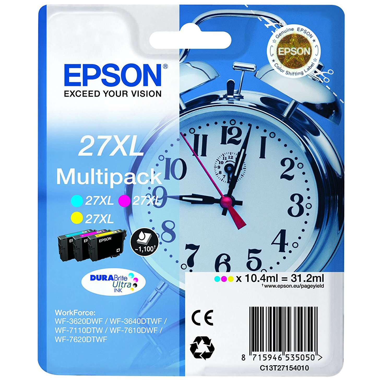Original Epson 27XL Cyan Magenta Yellow Pack High Capacity Ink Cartridges (C13T27154010) T2715 Alarm Clock