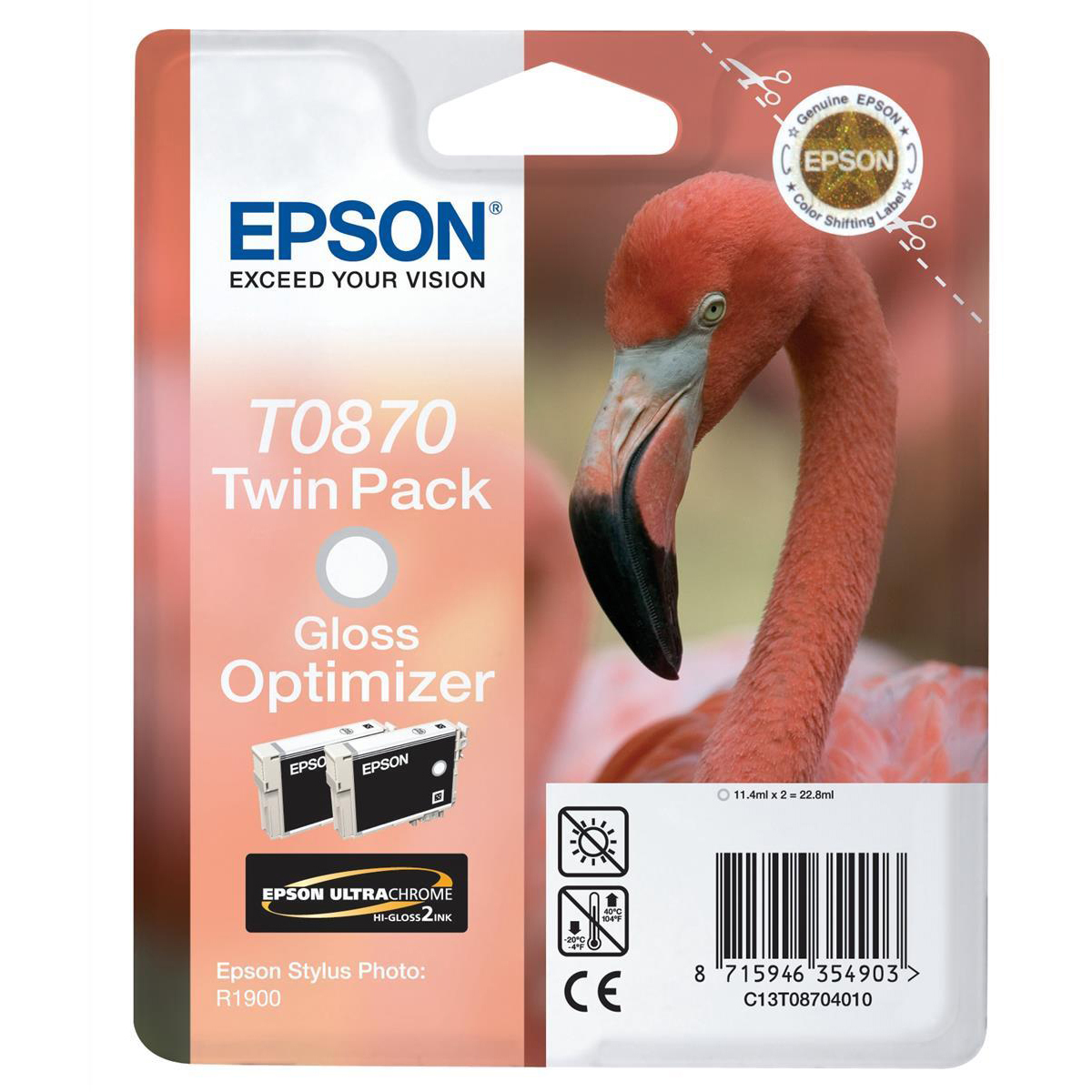 Original Epson T0870 Gloss Optimiser Twin Pack Ink Cartridges (C13T08704010) Flamingo