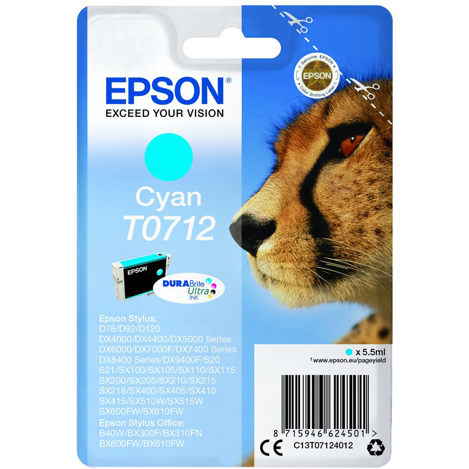 Original Epson T0712 Cyan Ink Cartridge (C13T07124011) Cheetah