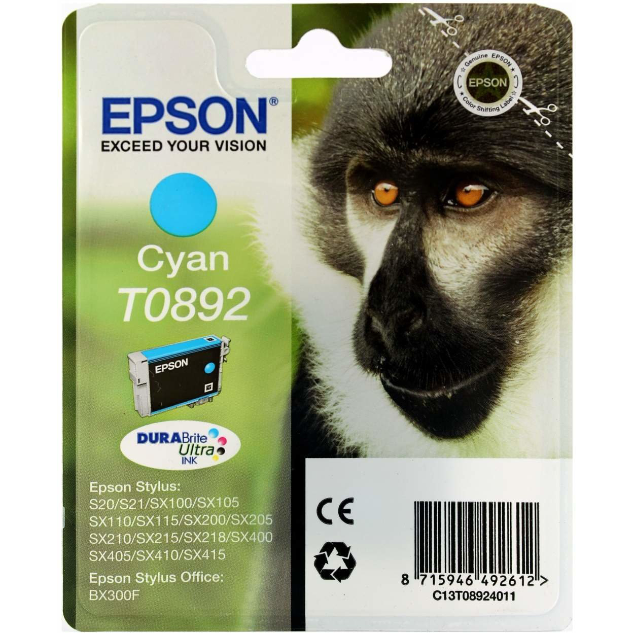 Original Epson T0892 Cyan Ink Cartridge (C13T08924011) Monkey