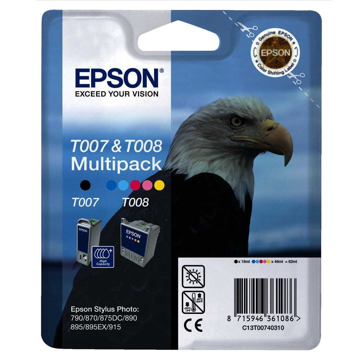 Original Epson T007 / T008 Black & Colour Combo Pack Ink Cartridges (C13T00740310)
