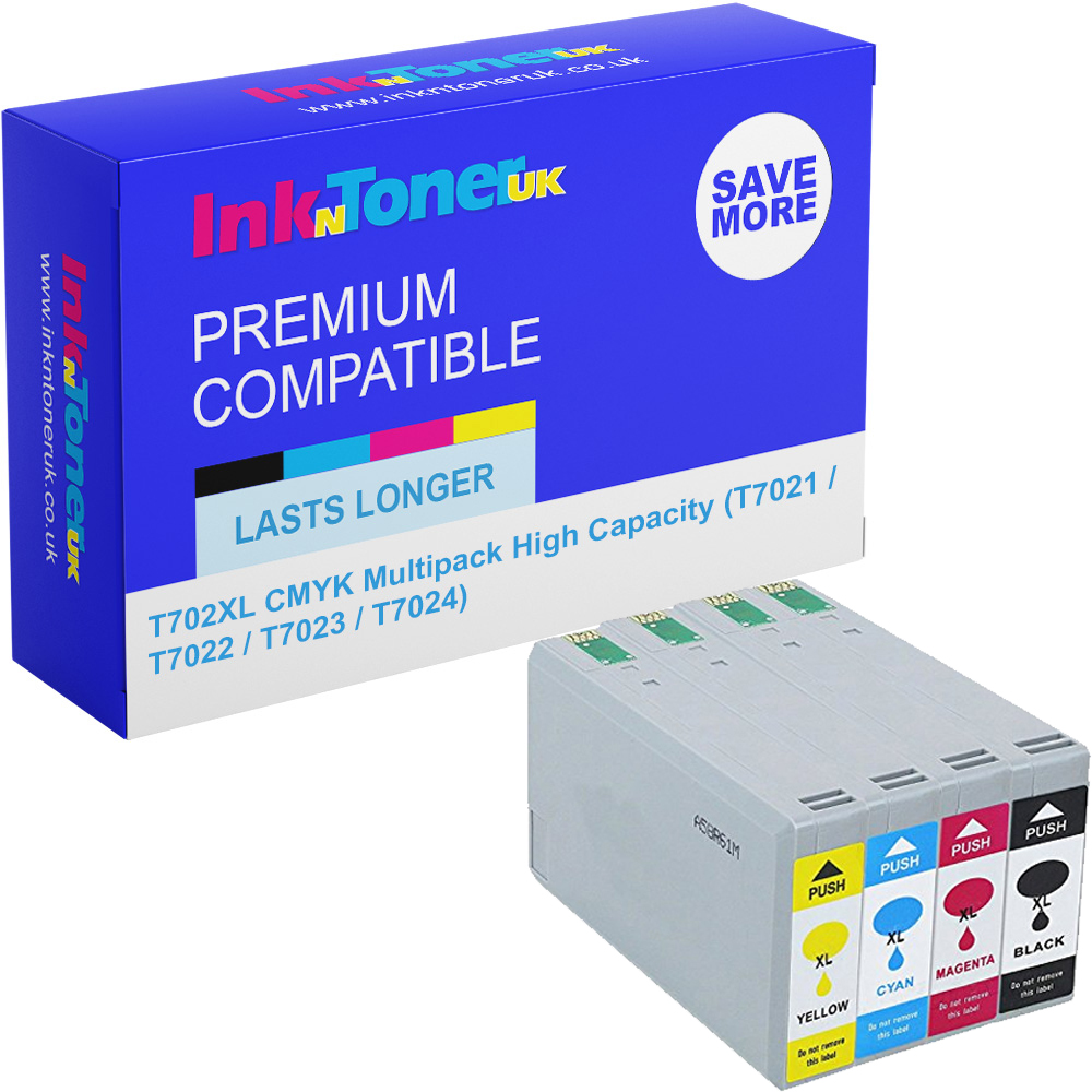 Premium Compatible Epson T702XL CMYK Multipack High Capacity Ink Cartridges (T7021 / T7022 / T7023 / T7024)