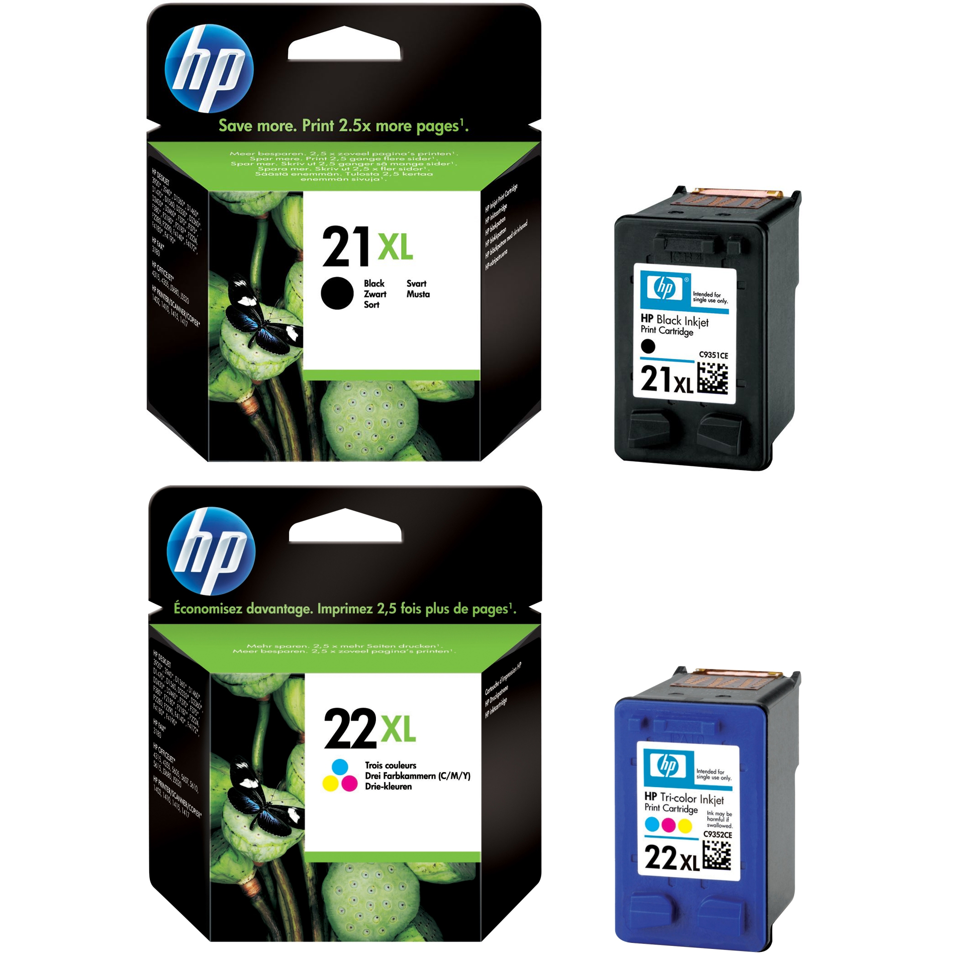 Original HP 21XL / 22XL Black & Colour Combo Pack High Capacity Ink Cartridges (C9351CE & C9352CE)