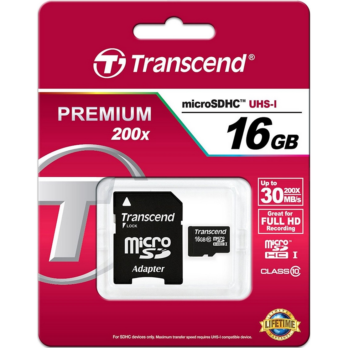 Original Transcend Class 10 16GB MicroSDHC Memory Card + SD Adapter (TS16GUSDHC10)
