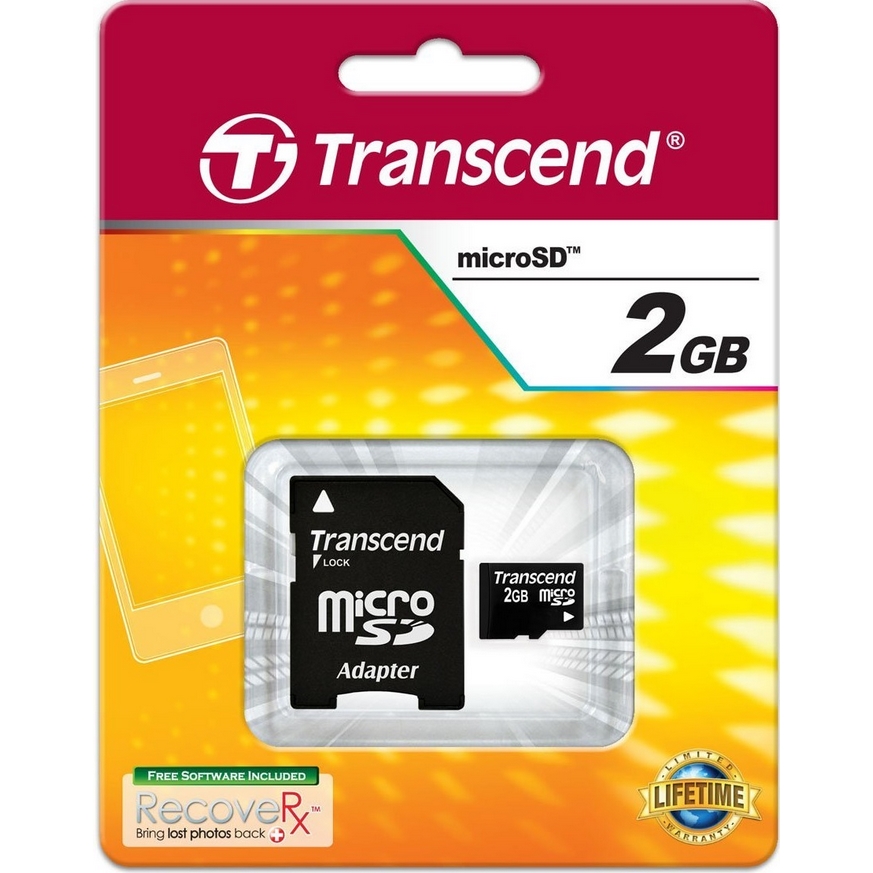 Original Transcend 2GB MicroSD Memory Card + SD Adapter (TS2GUSD)