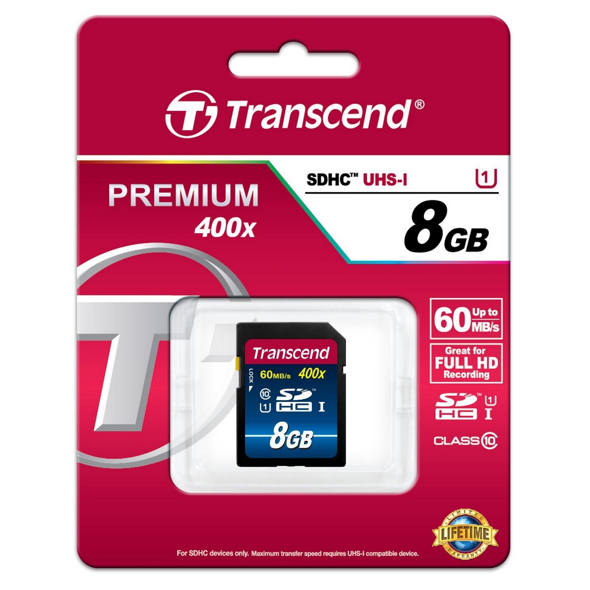 Original Transcend Class 10 8GB SDHC Memory Card (TS8GSDU1)