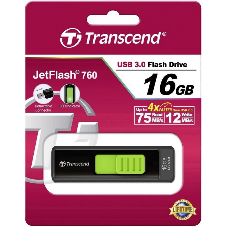 Original Transcend JetFlash 760 Black / Green 16GB USB 3.0 Flash Drive (TS16GJF760)