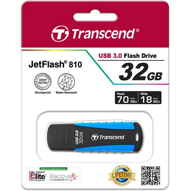 Original Transcend JetFlash 810 Black / Blue 32GB USB 3.0 Flash Drive (TS32GJF810)