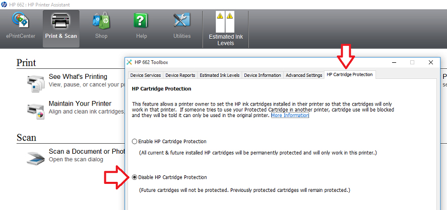 HP protected cartridge remove error without pc