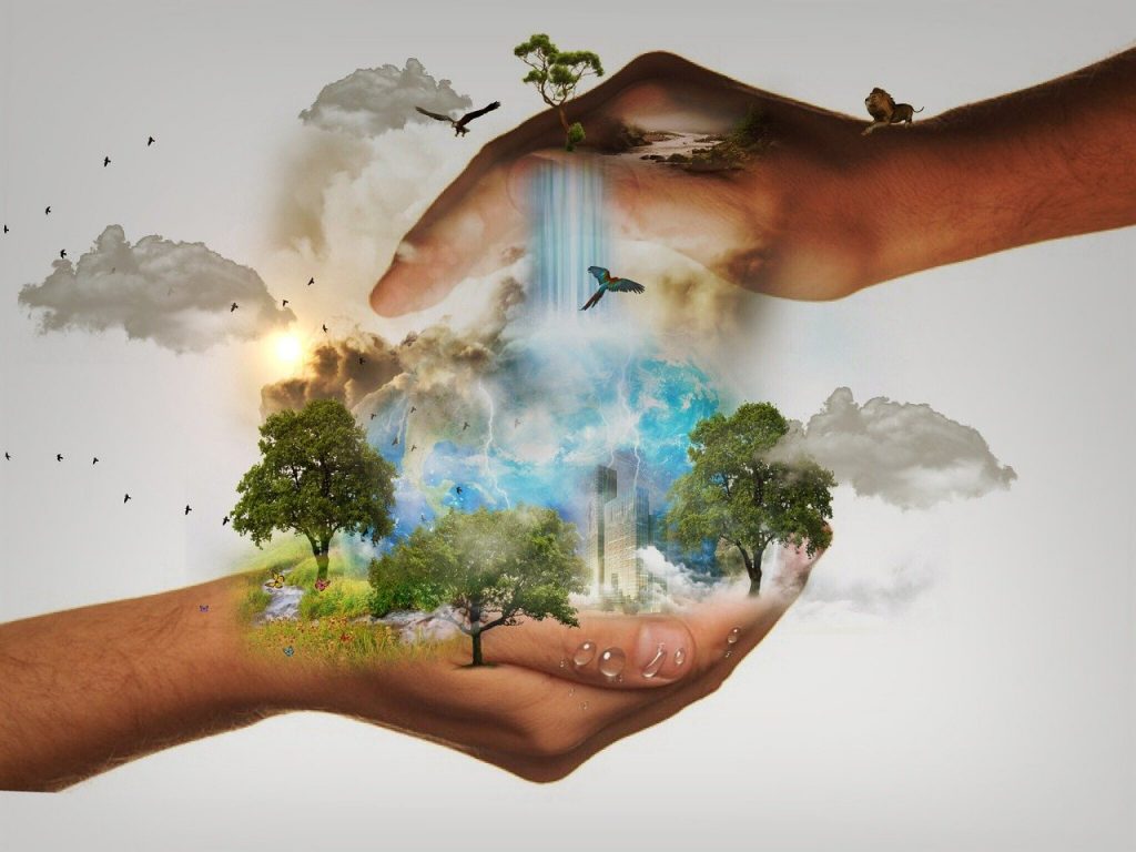 Two hands protecting a clean and non-polluted environment thriving with nature, animals and various plants. To simply put it, environmental protection