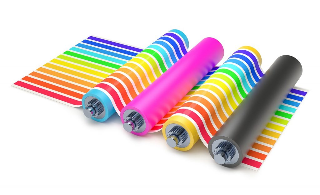 Rainbow Colours going through Printing Rollers CMYK (Black, Cyan. Magenta and Yellow Rollers)